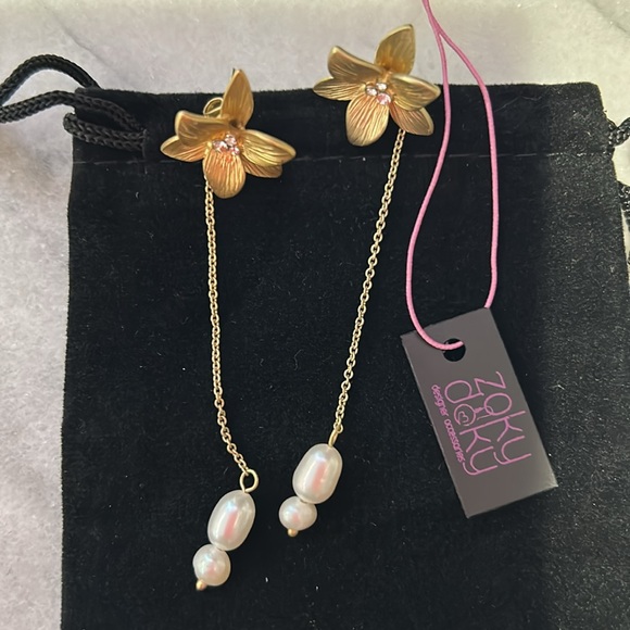 Two Way Flower & Pearl Drop Earrings-Boutique - Picture 3 of 6